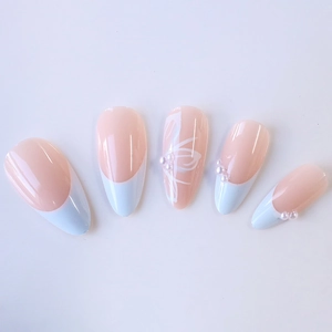 Light blue French almond press-on nails with 3D pearls and white butterfly designs