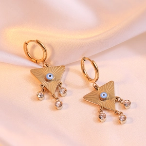 Gold-plated geometric earrings with blue evil eye and three clear cubic zirconia drops