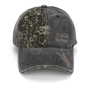 Detail of washed grey baseball cap with leopard patch and sunday forever embroidery