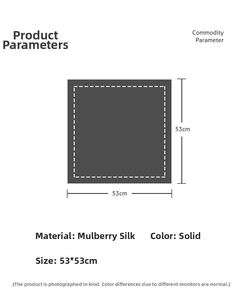 Detailed dimension guide for 53x53cm mulberry silk scarf showing size and premium material