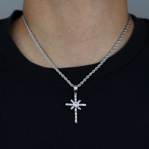 Men's hip-hop cross pendant necklace with zircon inlay on twisted rope chain