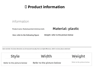 Detailed specifications table for flocked and painted Christmas tree ornaments made of plastic