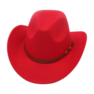 Classic bright red Western cowboy hat with brown leather band and gold studs on white background
