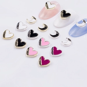 Silver heart and moon metal nail art charms with enamel and rhinestone accents