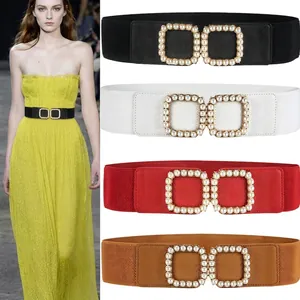 Women Wide Elastic Waist Belt Faux Artificial Pearl Double Square Buckle Retro Cinch Fashion Accessory For Dresses