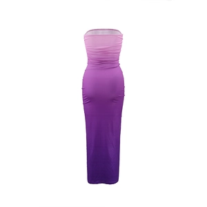 Detailed close-up of a women's strapless bodycon dress with a purple gradient effect