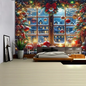 Detail of Christmas window tapestry with snowy town view and festive wreaths on wall