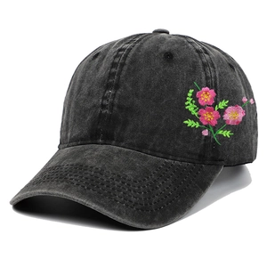 Vintage dark gray denim baseball cap with exquisite pink floral embroidery on the side