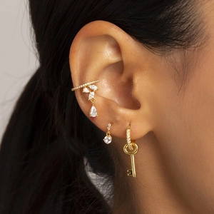 S925 silver punk geometric earrings set with key pendant and zircon drop in gold finish