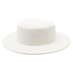 Classic white woven boater hat with a flat top and wide brim for summer beach sun protection