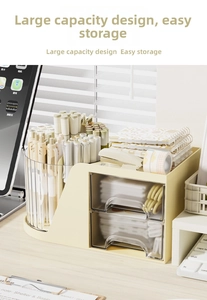 Detail of multi-functional desktop organizer with pencil holder and clear acrylic drawers