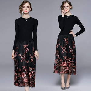 Women Elegant Long Sleeve Maxi Dress Knit Top Spliced Mesh Floral Embroidery High Waist Vintage Round Neck