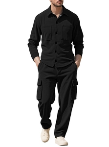 Detailed view of black corduroy fabric texture on a men's two-piece casual workwear set