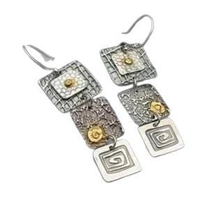 Bohemian tribal geometric square drop earrings with antique silver and gold finish