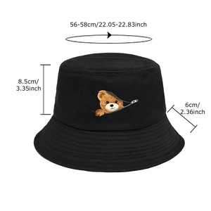 Black bucket hat with bear print, size 56-58cm, sun protection outdoor fisherman cap