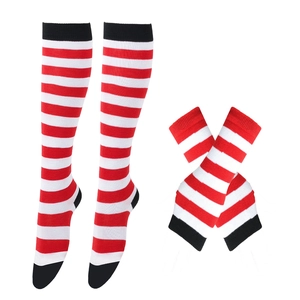 Detail of red and white striped knit thigh high socks and matching arm warmers set