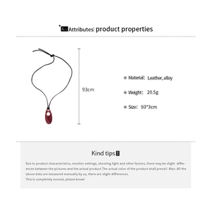 Detailed chart showing leather cord necklace dimensions, weight and red teardrop pendant size