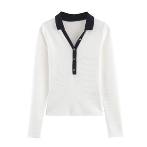 White ribbed knit long sleeve Polo shirt with black contrast trim and gold buttons