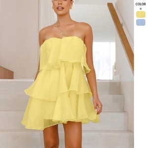 Tube Top Tiered Mini Dress Strapless Layered Ruffle Cake Dress Backless Sexy Solid Color Polyester For Women