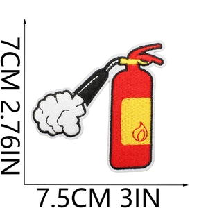 Detail view of red fire extinguisher embroidered patch with dimensions 7x7.5cm