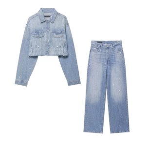 Veste En Jean Et Pantalon Pour Femmes Avec Strass Bleu Clair Délavé Manches Longues Taille Haute
