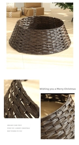 Detail of dark brown woven rattan Christmas tree collar with warm festive home decor vibes