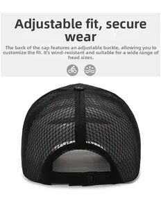 Detail of adjustable strap and breathable mesh on back of black outdoor sun hat
