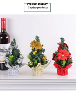 Three mini Christmas trees in red, gold, and silver with bows and ornaments on a white shelf