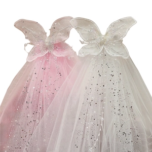 Pink and white bridal veil hair clips for girls with sequins and pearl butterflies