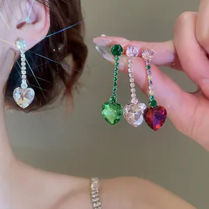 Sparkling zircon heart tassel earrings in various colors for elegant jewelry style