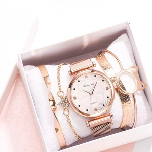 Rose gold magnetic mesh strap watch set with three matching bracelets in a white gift box