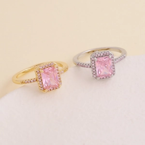 Elegant Copper Ring With Pink Square Zirconia Emerald Cut Halo Setting Micro Pave Fashion Jewelry For Women