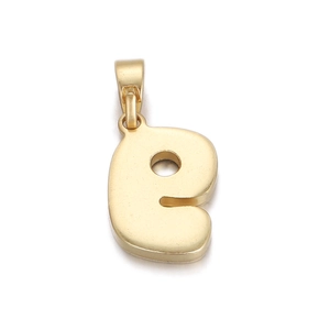 Detailed view of a gold letter E pendant with a textured honeycomb surface design