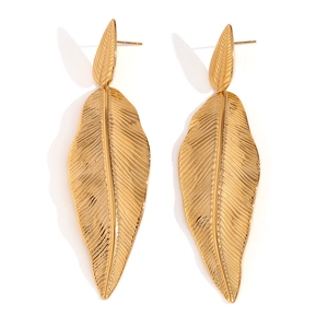 18K gold-plated stainless steel feather leaf earrings for women on a white background