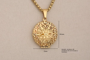 Detail view of gold hollow locket pendant with 28.2mm height and 27mm width dimensions
