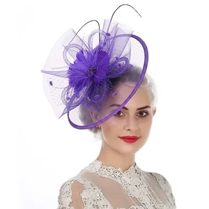 Detail view of purple vintage fascinator hat with lace mesh and elegant feathers