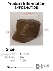 Detailed size specifications for dark brown PU leather military hat with measurements