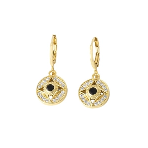 Boucles d'oreilles œil protecteur dorées avec zircon et pierre précieuse noire