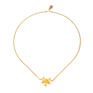 Close-up of gold airplane pendant necklace with white zircon stone inlay for women