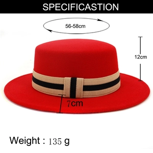 Flat top wool hat dimensions showing 12cm height and 7cm brim width in red wool