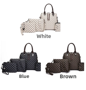 Vertical view of 4-piece women handbag set in white, blue and brown with vintage patterns