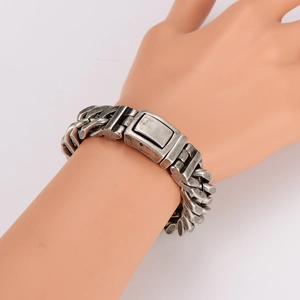Men's hip hop vintage silver cuban link chain bracelet with a square clasp on wrist