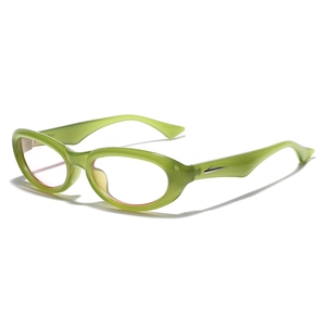 Y2K oval light green sunglasses with transparent lenses and silver metal temple accents