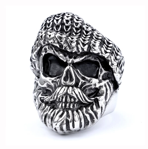 Detailed macro view of an edgy skull ring with vintage silver oxidized finish