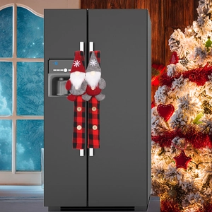 Christmas gnome refrigerator handle covers in red and black plaid fabric for holiday decor