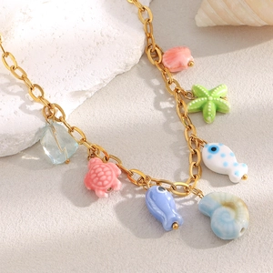 Ocean Theme Necklace 18K Gold Plated Stainless Steel Colorful Ceramic Resin Sea Animal Charms Fish Turtle Shell For Women