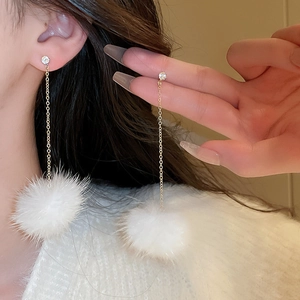 Sweet long earrings with white mink fur balls and sparkling crystal studs for women