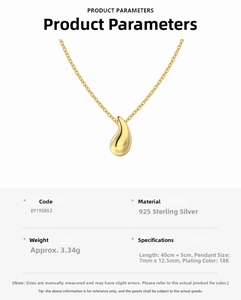 Detailed specs of the 925 sterling silver water drop pendant necklace and size information