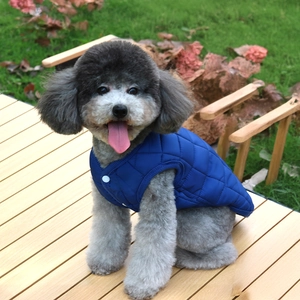 Close-up of navy blue quilted dog vest with diamond stitching and white snap buttons