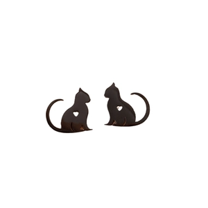 Cute wood cat stud earrings with hollow heart design on minimalist white background